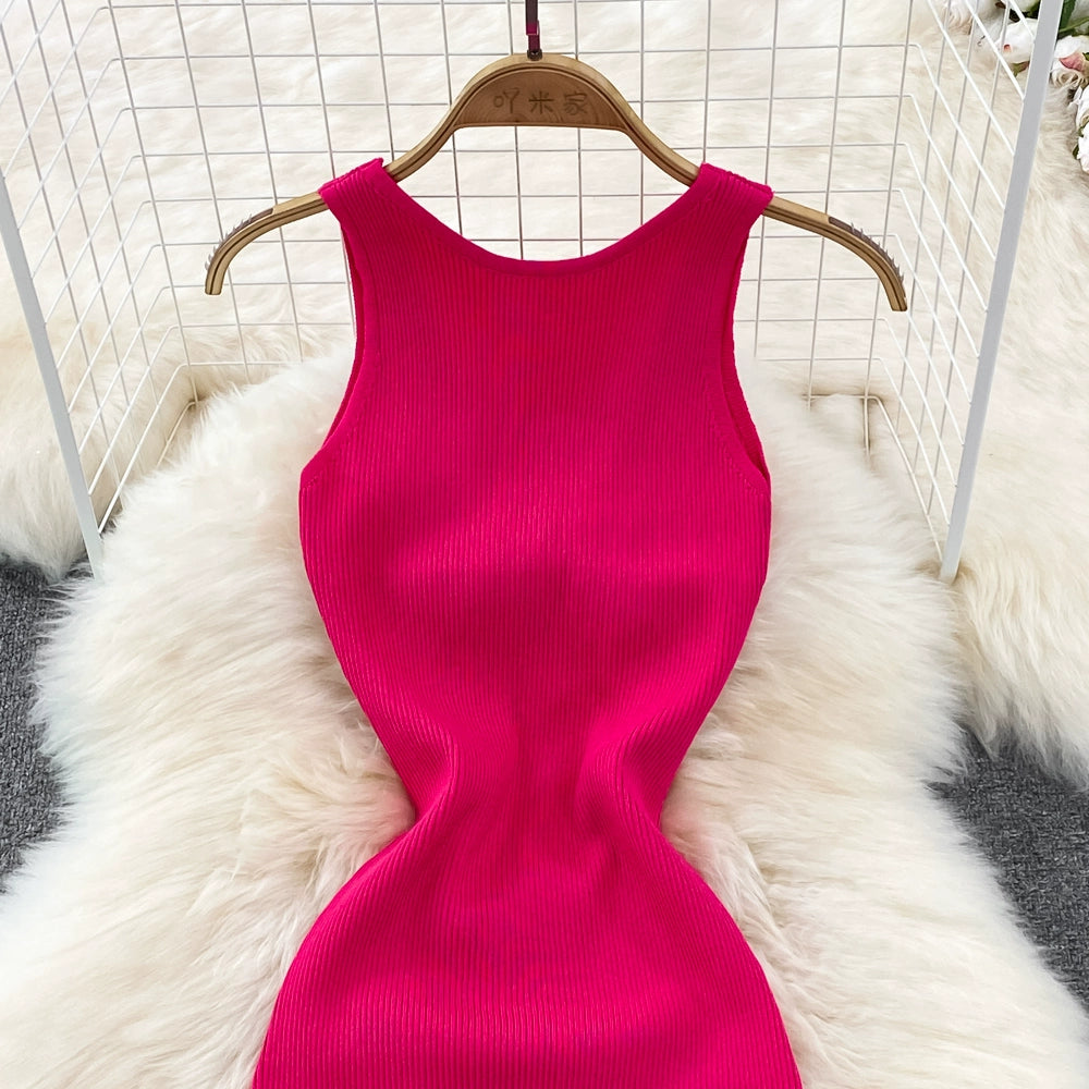 Sleeveless Slim Fit Knitted Dress with Hip-Length Bodycon Dress