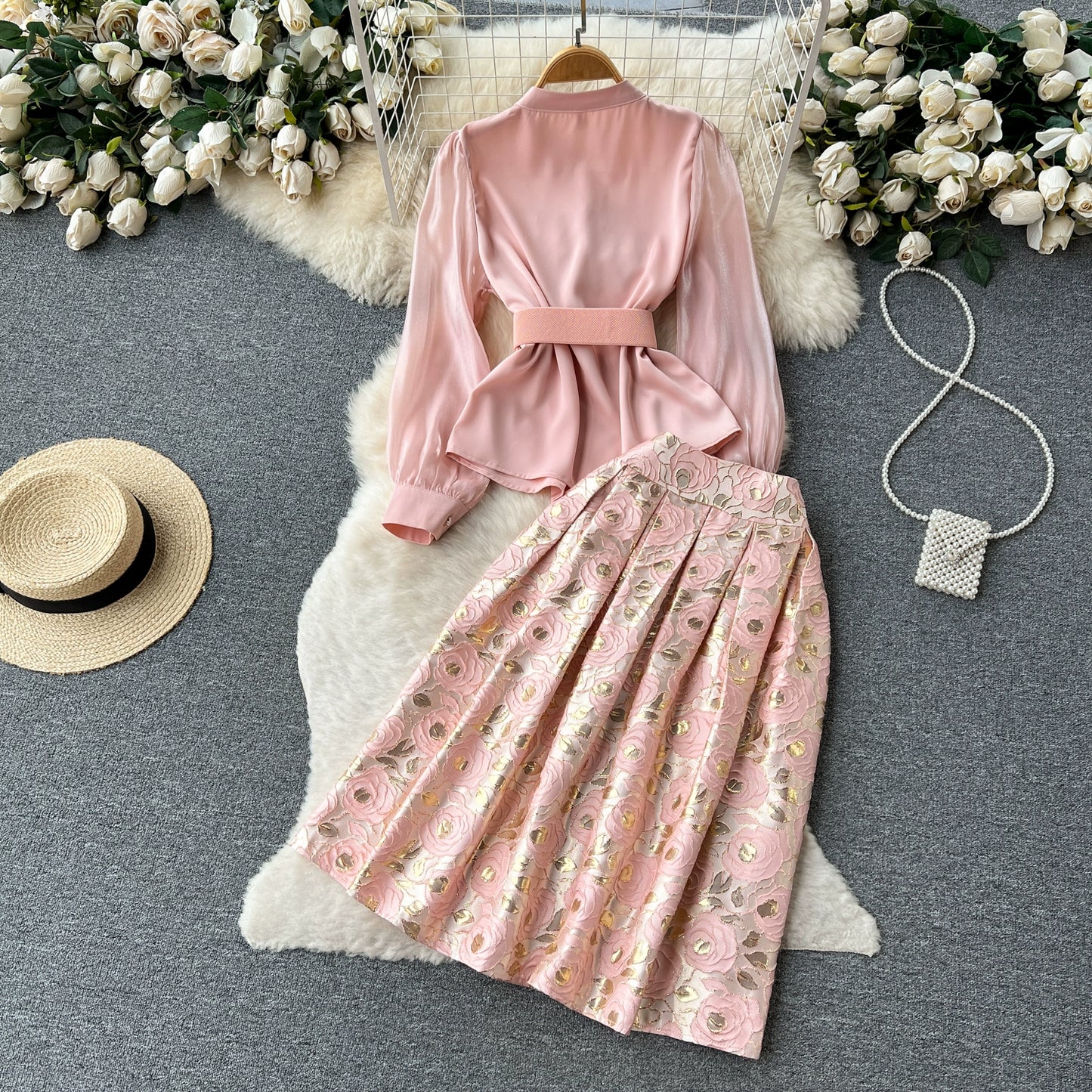 Fashionable Ensemble Heavy Work Embroidered Shirt and High-Waisted Jacquard Skirt Two-Piece Set For Women