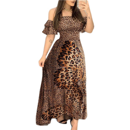 Elegant Leopard Print Maxi Dress with Butterfly Pattern Off-Shoulder Summer Party Gown for Women