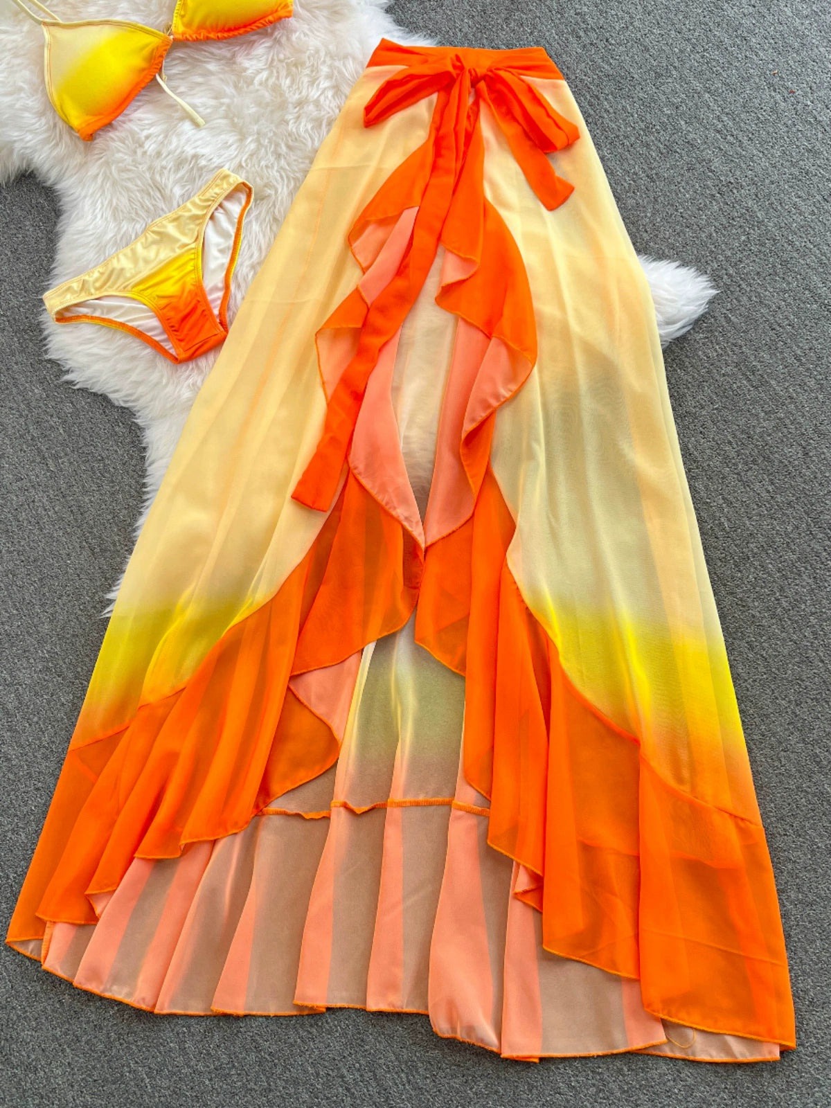 Sunset Serenade Stunning Orange Gradient Chiffon Sleek Three-Piece Set for Vacation