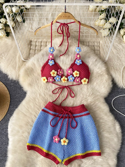 Seaside Style Pure Desire knitted Summer Suspender Bandeau Top & High-Waisted Wide-Leg Shorts Suit