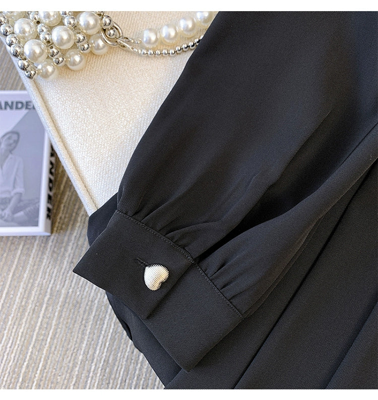 Fancy Long Sleeve POLO Neck With Cinched Waist Black Dress