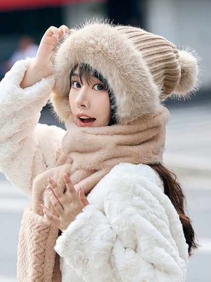 Winter Thickened And Warm Fleece Hat Style Scarf Gloves 3 In One Cold-Proof Plush Hat