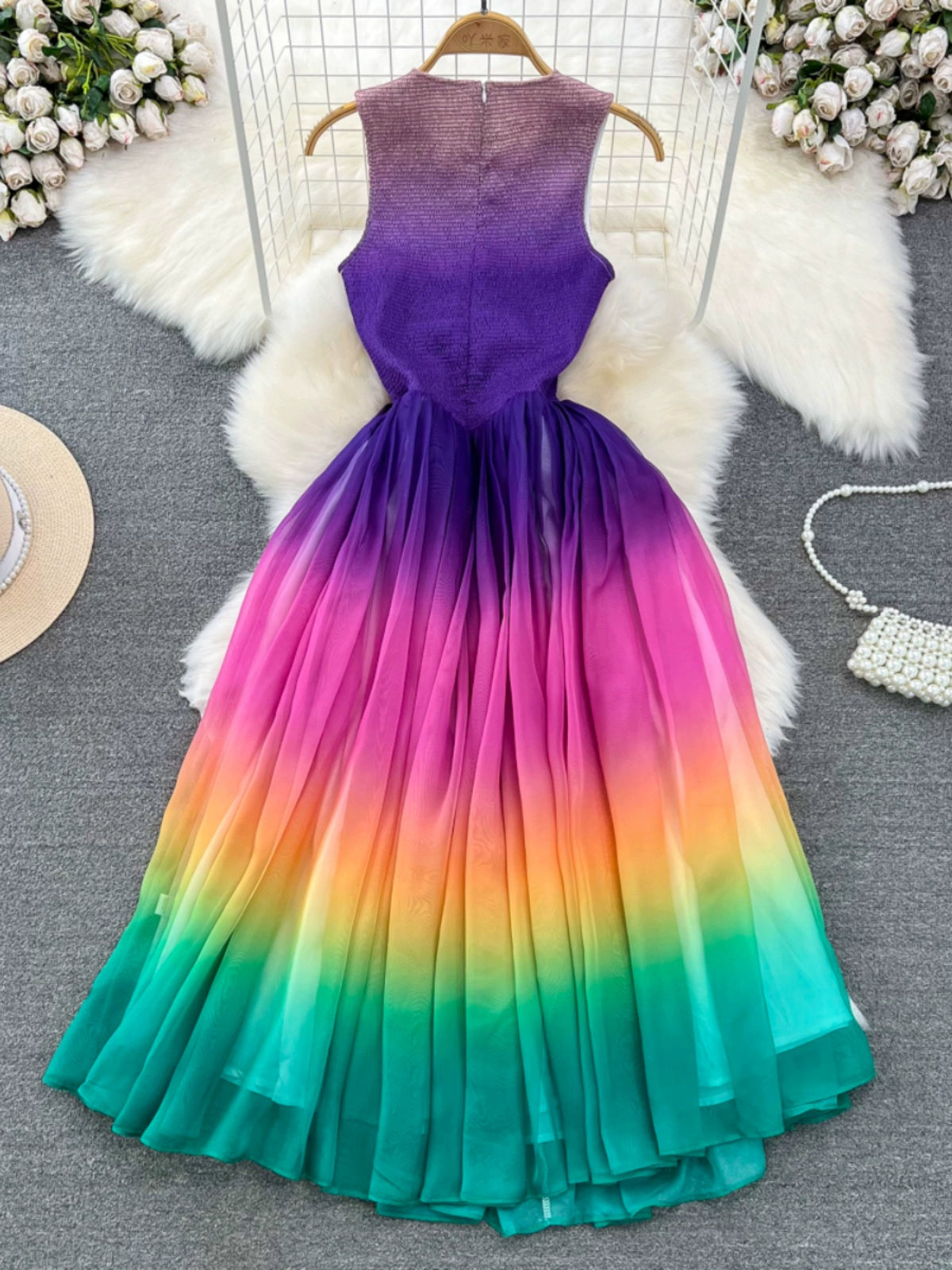 Elegant Rainbow Gradient Chiffon Dress with Cinched Waist and A-Line Silhouette