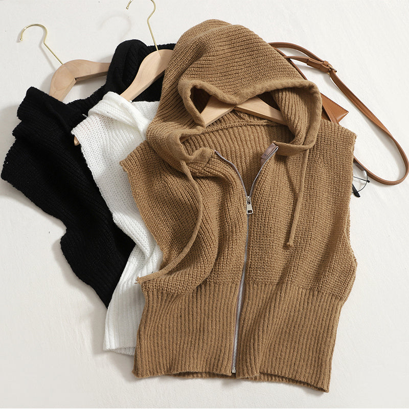 Korean version Zipper Hooded Sleeveless Vest knitwear Short Small Cardigan Top For Autumn And Winter