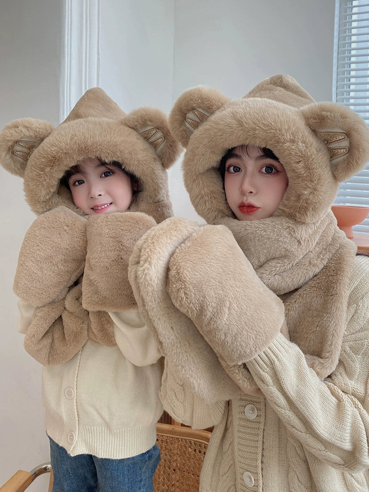 Cute Bear Hat Winter Plush Thickened Warm Hat Hooded Scarf Gloves All-In-One Set