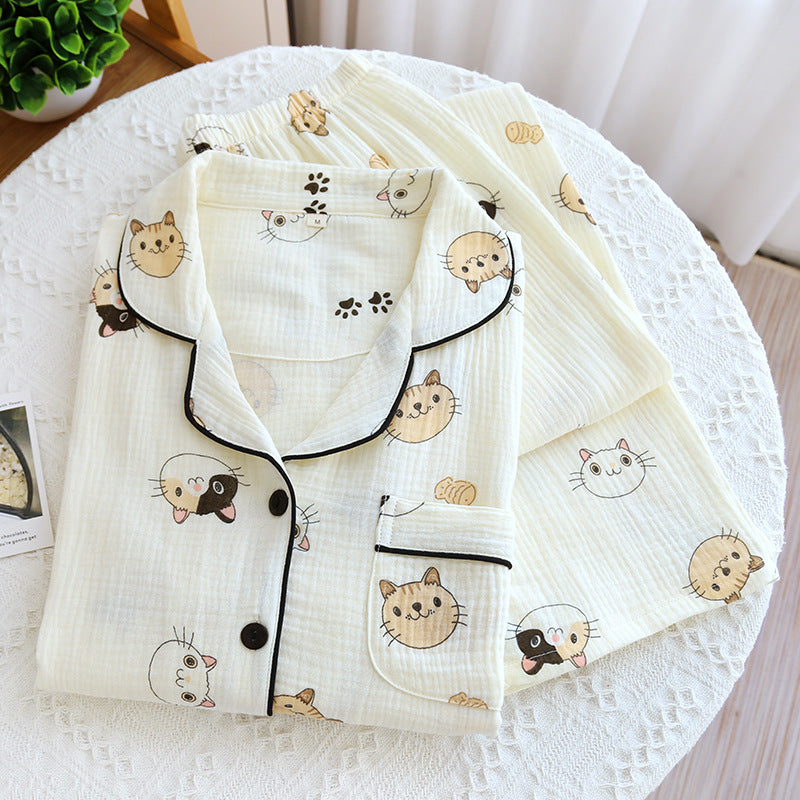 Cotton Yarn Loungewear Pajamas with Cartoon Print And Lapel Collar