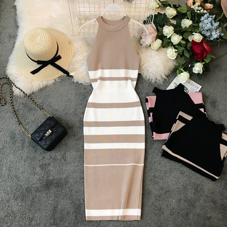 Women's Luxurious Striped Halterneck Knitted Midi Dress