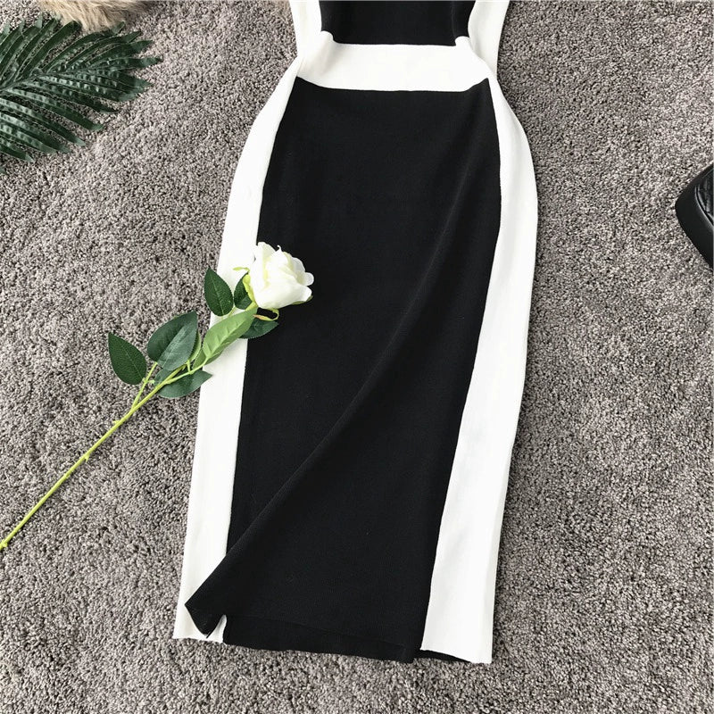 Elegant Off-Shoulder Halter Neck Black and White Bodycon Dress