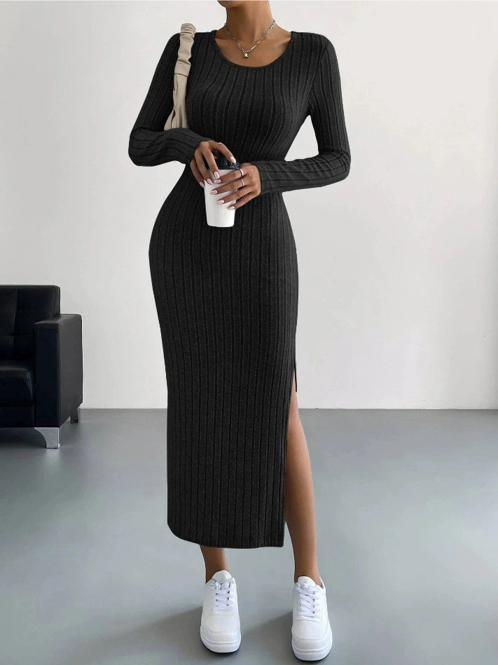 Women's Long Sleeve Round Neck Split Knit Bodycon Dress