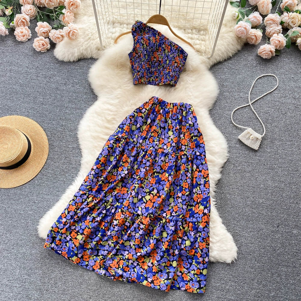 Vacation Ready Floral Printed Suit with Cropped Top and Flowy Skirt For Women