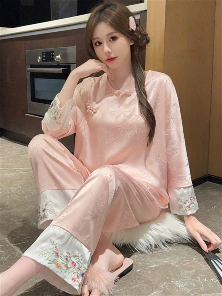 Chinese Floral Ice Silk Pajamas Long Sleeved Silk Suits