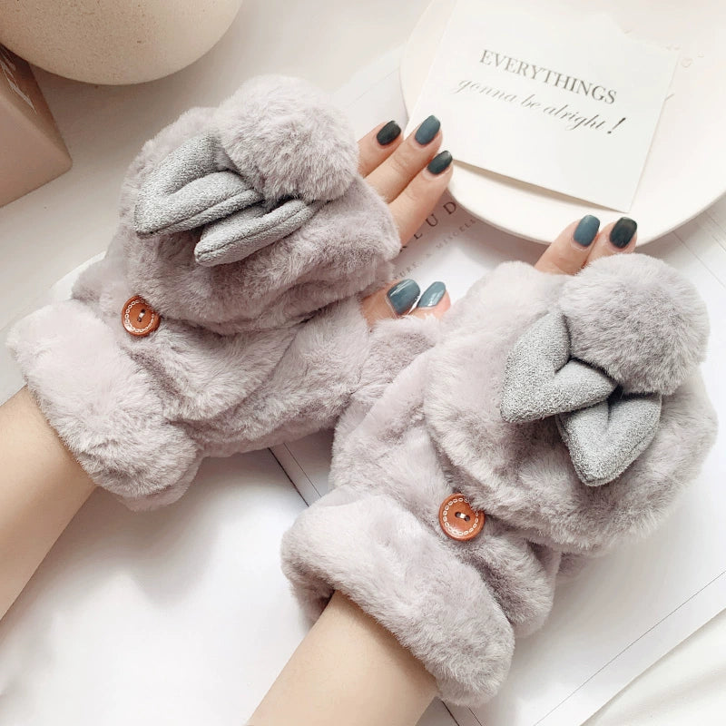 Female Winter Velvet Cold-Proof Cartoon Thick Plush Gloves