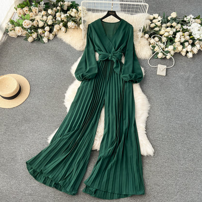 European And American Spring V-Neck Puff Sleeve Tie Waist Long Pressed Pleated Wide-Leg Pants Jumpsuit