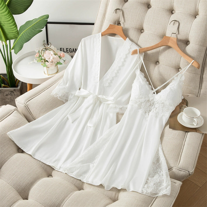 Summer Ice Silk Suspender Womens Nightgown Two-Piece Set