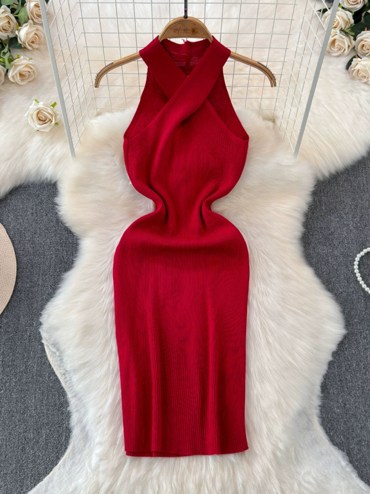 Mid-Length Slim Fit European Inspired Off-Shoulder knitted Bodycon Dress