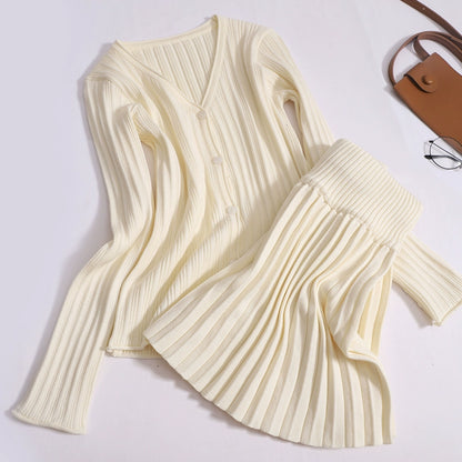 Versatile Korean Knitted Version With V-Neck Long-Sleeved High-Waist Pleated Skirt Two-Piece Set