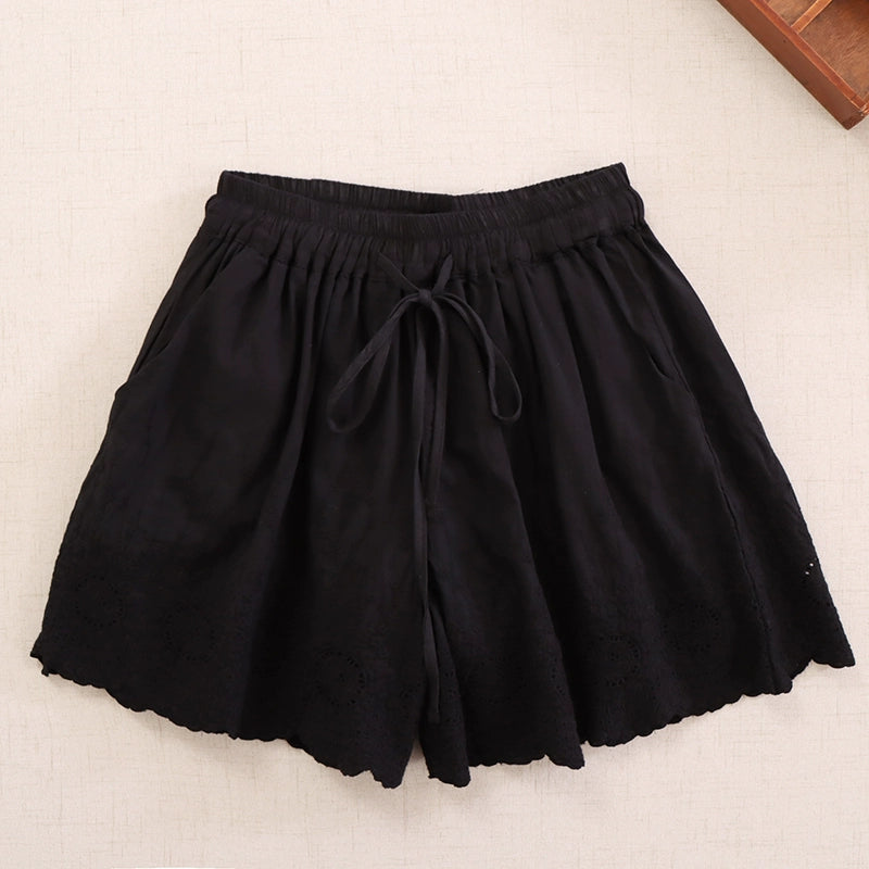 Japanese Style women's embroidered lace shorts with drawstring