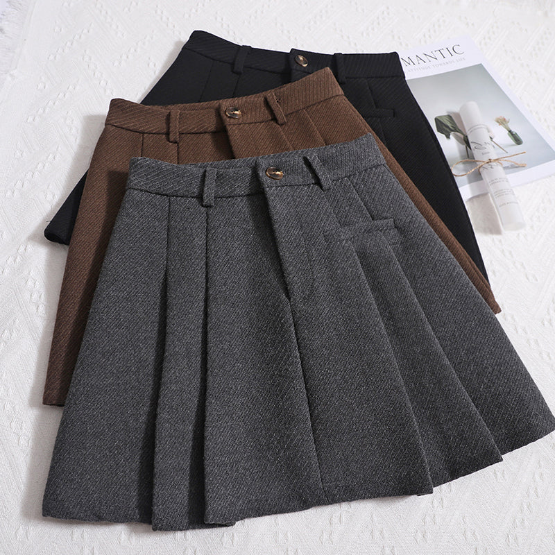 Women's Winter New Retro Versatile Hip Skirt High-Waisted Slim A-line Woolen Pleated Short Skirt