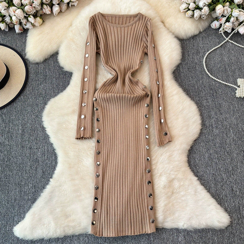 Women's Knitted Round Neck Long Sleeve Slim Hip Bodycon Dress For Winter