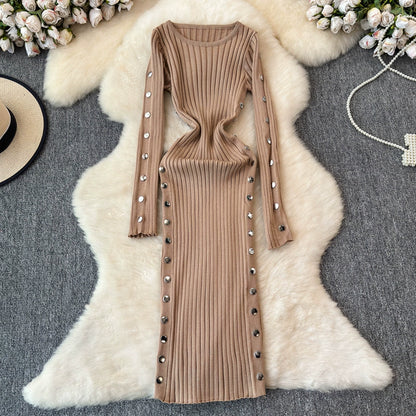 Women's Knitted Round Neck Long Sleeve Slim Hip Bodycon Dress For Winter