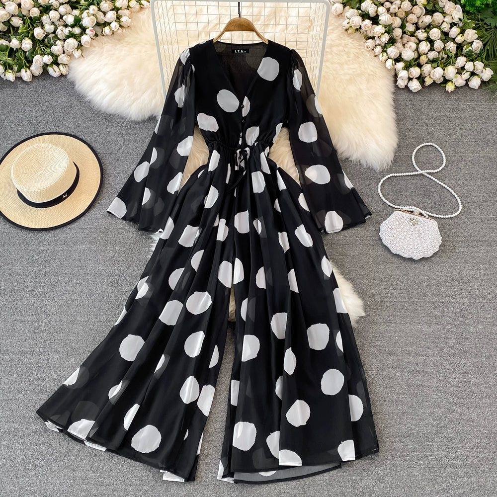 Polka dot print V-neck seaside vacation beach vibe Summer jumpsuit