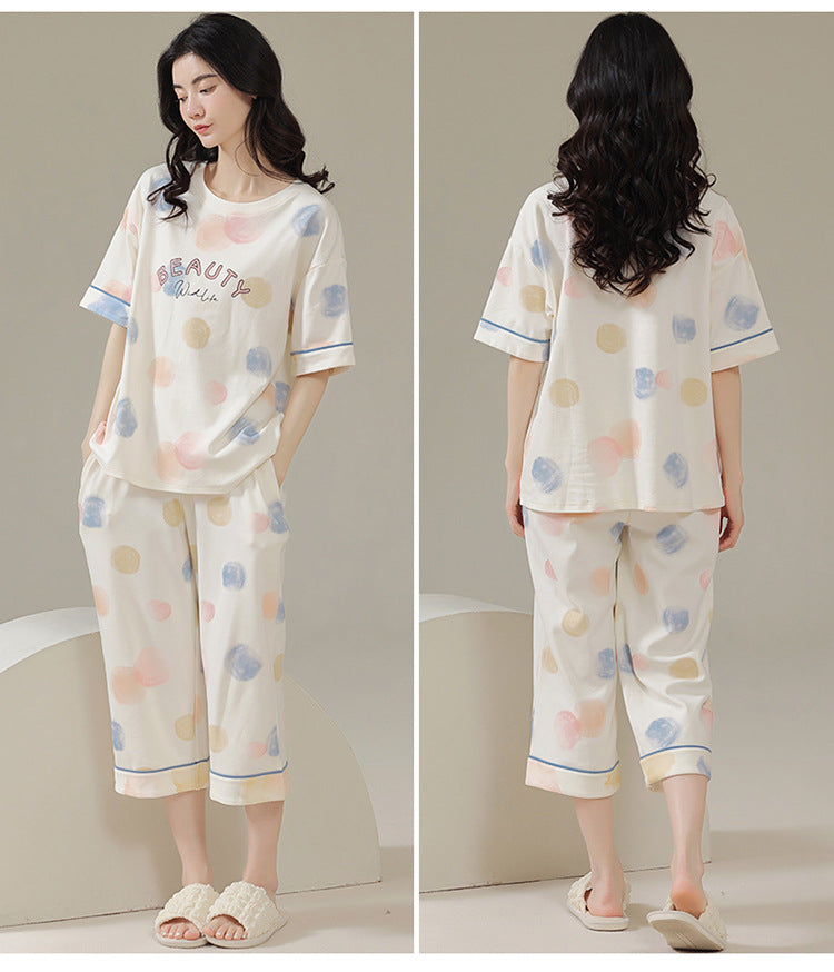 Ladies Summer Cotton Short-Sleeved Cropped Pants Casual Half-Sleeved Sleepwear Set