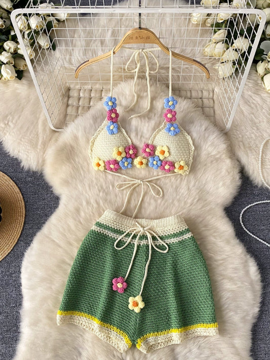 Seaside Style Pure Desire knitted Summer Suspender Bandeau Top & High-Waisted Wide-Leg Shorts Suit