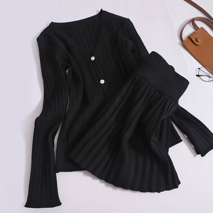 Versatile Korean Knitted Version With V-Neck Long-Sleeved High-Waist Pleated Skirt Two-Piece Set