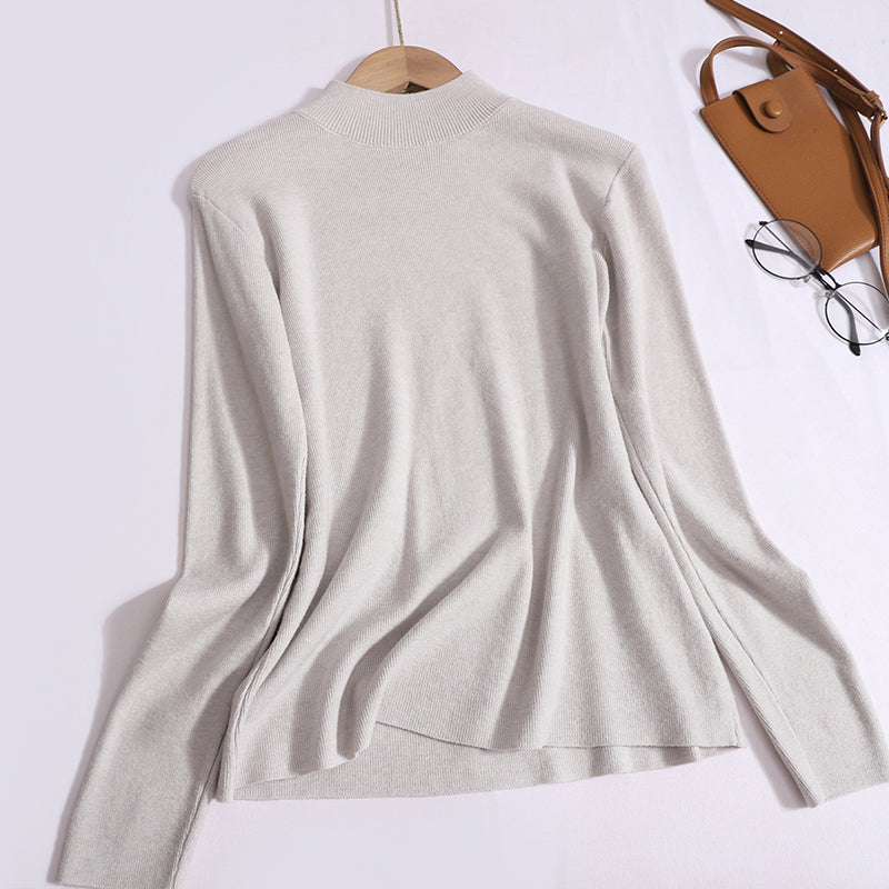 New Korean Version  Versatile Knitted Half-High Neck Solid Color Long Sleeve Inner Top