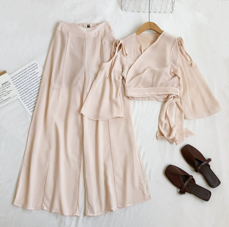 Fashionable Temperament V-Neck Tie Waist Short Bell Sleeve Shirt With High-Waisted Slit Wide-Leg Pants