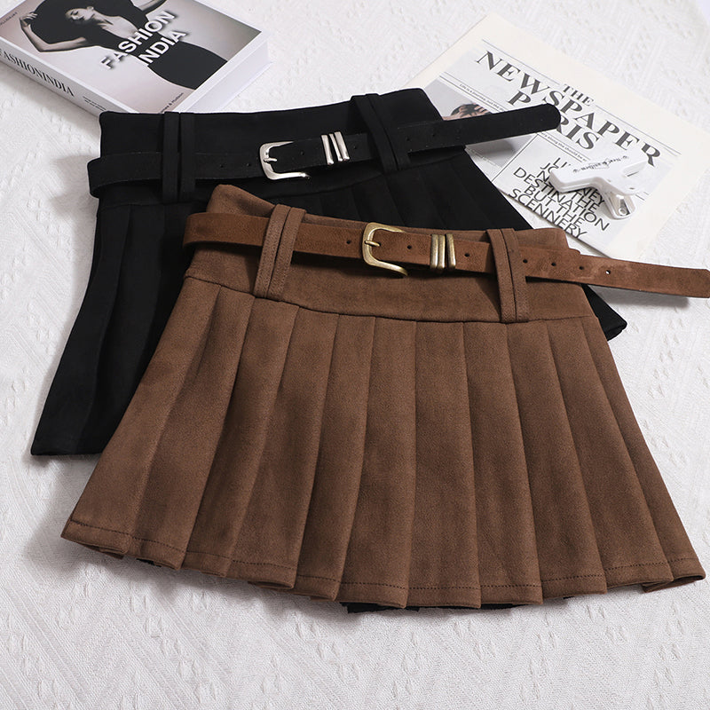 Women's Autumn And Winter Deerskin Velvet Pleated High Waist Slim A-line Belt Short Skirt