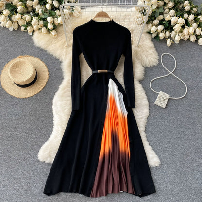 French Hepburn Style Elegant Knit Stitching Gradient Color Pleated Slim Waist Big Swing Dress