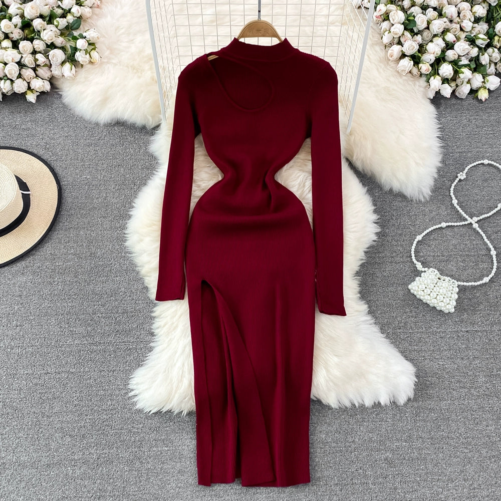 Women's Winter Slim Fit Knitted Bodycon Dress With Long-Sleeved Stand-Collar