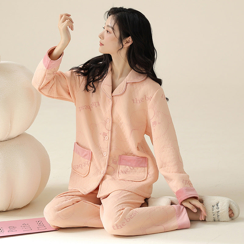 Cloud-Soft Comfort Plush Air Cotton Lapel Padded Loungewear Set for Autumn & Winter