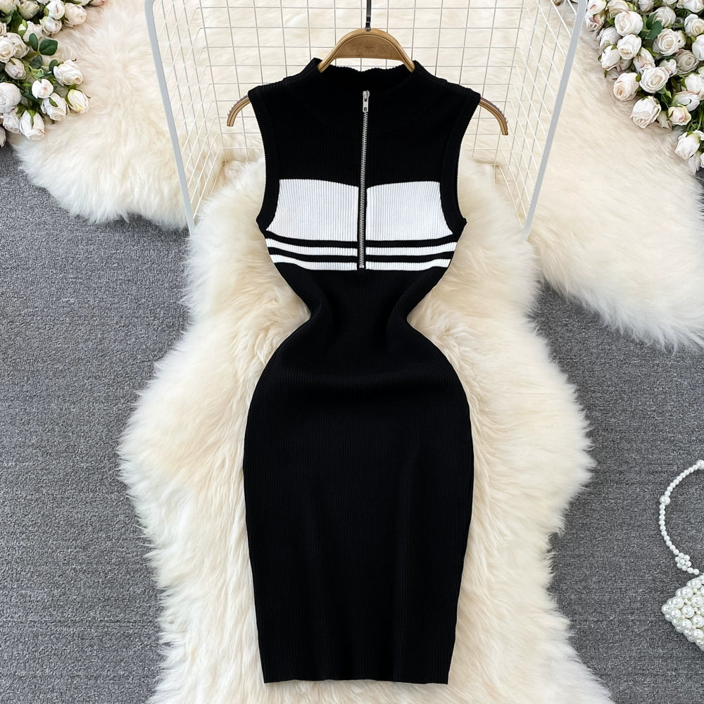 Summer High-End Polo Collar Striped knitted Vest Slim Hip Bodycon Dress