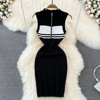 Summer High-End Polo Collar Striped knitted Vest Slim Hip Bodycon Dress