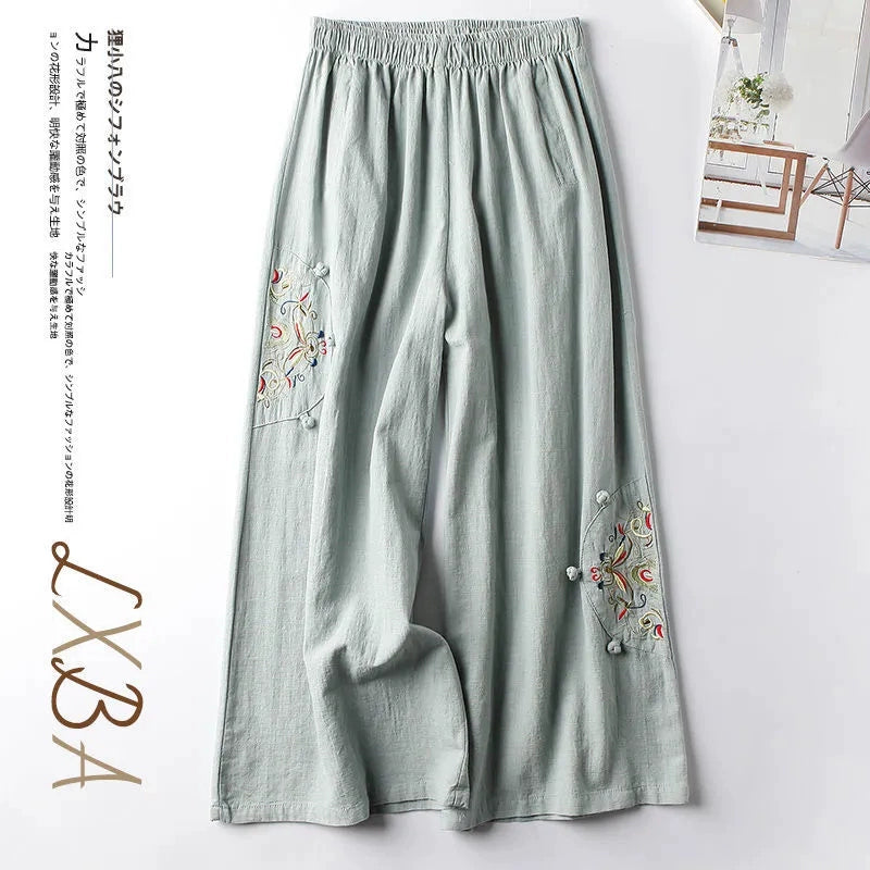 Summer Retro Style Embroidered cotton and linen slacks, women's pant