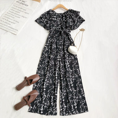 New Retro Fashion Floral Ruffles One-Shoulder High Waist Slim Wide-Leg Jumpsuit For Women