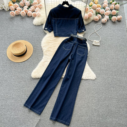 Women's Summer Pure Desire Retro Denim Suit Small Waist Coat High-Waisted Slim Wide-Legged Trousers