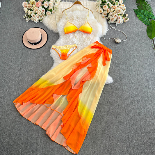 Sunset Serenade Stunning Orange Gradient Chiffon Sleek Three-Piece Set for Vacation