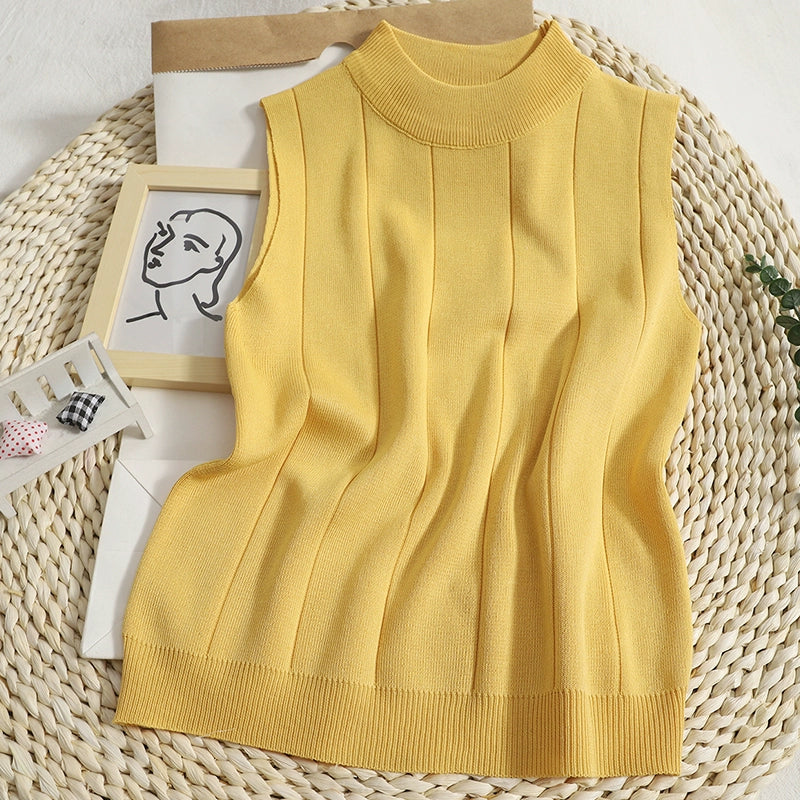 New Korean Version Solid Color Knitted Round Neck Sleeveless Vest T-shirt Top