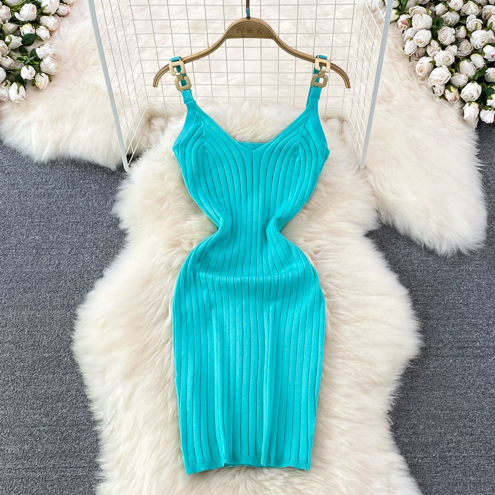 Elegant Chain Vest Slip Knitted Slim Short Bodycon Dress