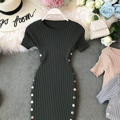 Women's Knitted Slim Fit Round Neck Short Sleeve Bodycon Dress