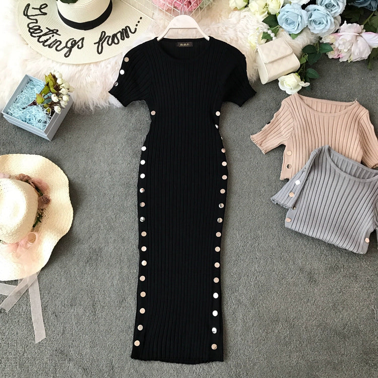 Women's Knitted Slim Fit Round Neck Short Sleeve Bodycon Dress