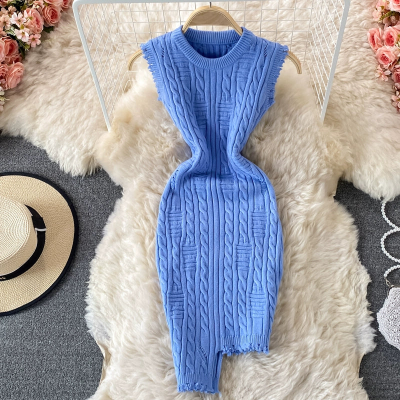 Sophisticated Spring  Sleeveless Knitted Vest Round Neck Dress