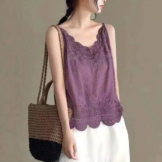 Cutout Lace Cotton Linen Camisole Women's Summer Undershirt Lace Top