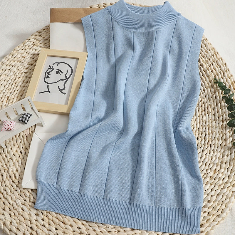 New Korean Version Solid Color Knitted Round Neck Sleeveless Vest T-shirt Top