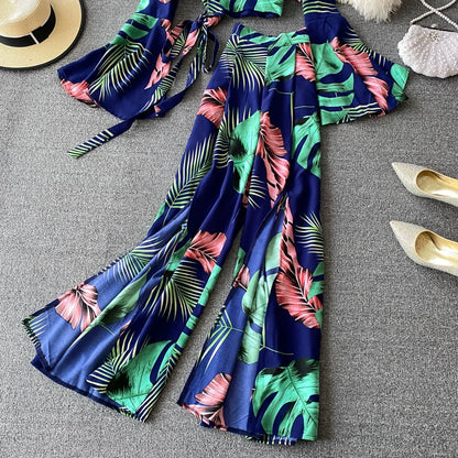 V-neck Floral Design printed tops flared sleeves high waist two-piece suits