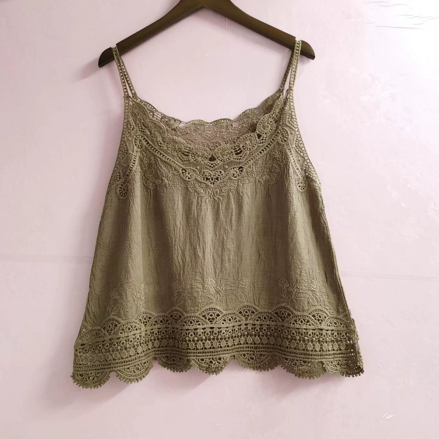 Cutout Lace Cotton Linen Camisole Women's Summer Undershirt Lace Top